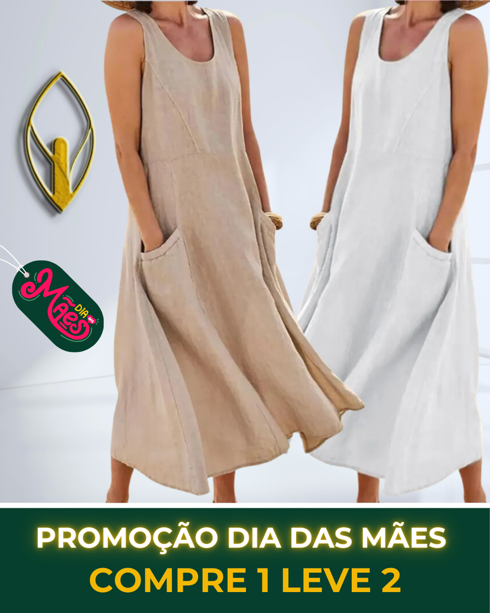 COMPRE 1 LEVE 2 - Vestido Soltinho de Linho com Bolsos - DIA DAS MÃES